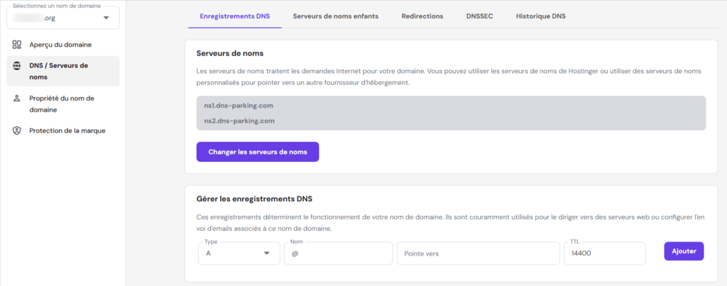 Le panneau de l'éditeur de zone DNZ sur hPanel