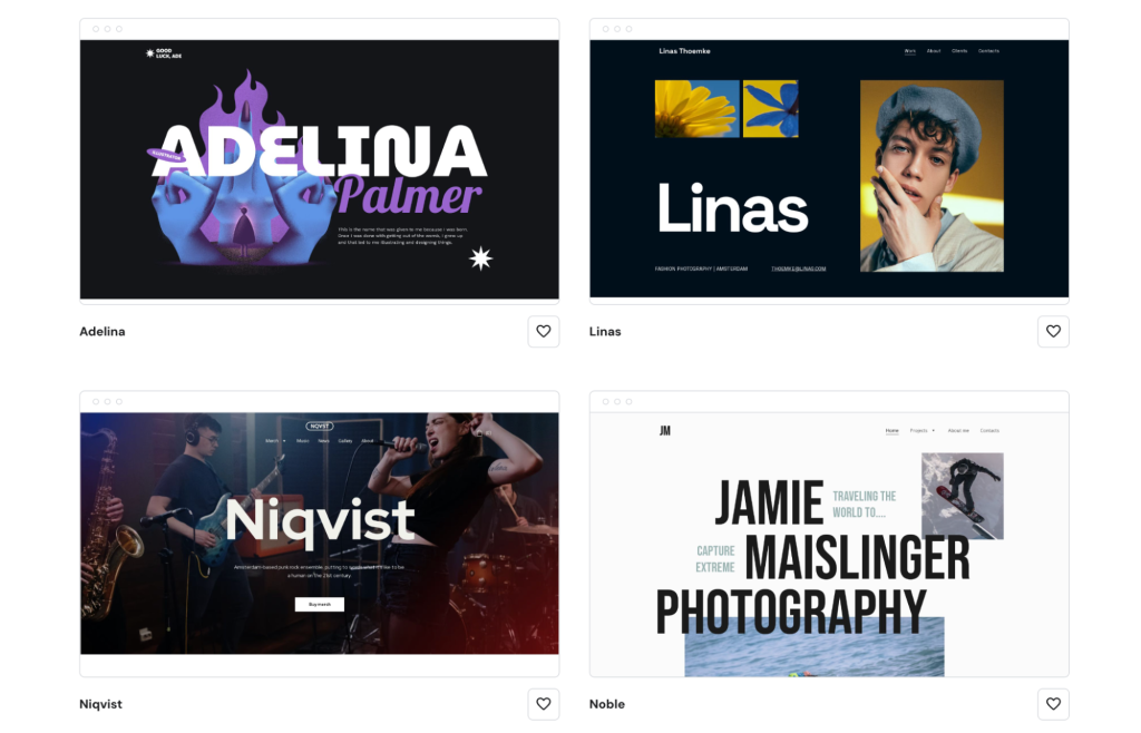 Exemples de templates de portfolio dans le cr&eacute;ateur de sites Hostinger