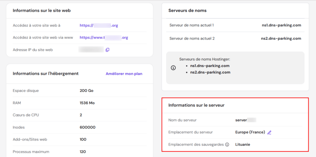Page de détails du plan d'Hostinger avec les détails du serveur mis en évidence