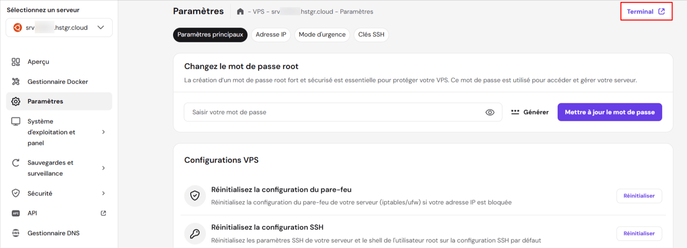 Vue des param&egrave;tres du VPS Ubuntu avec l'option du terminal en surbrillance.