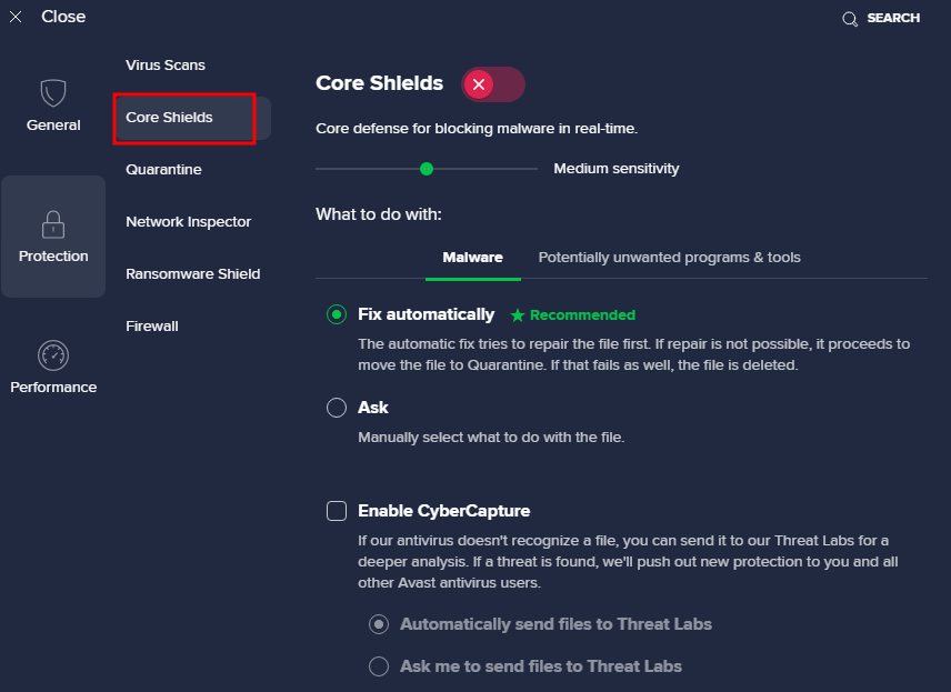 Le menu Core Shields dans l'application Avast Antivirus.
