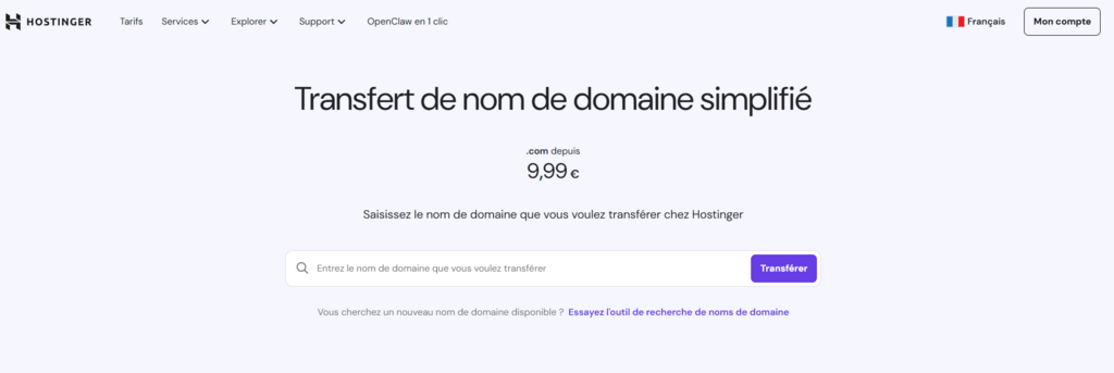 Page de transfert de domaine Hostinger