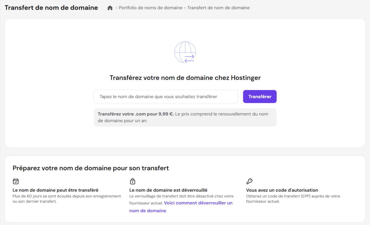 Page de transfert de nom de domaine hPanel