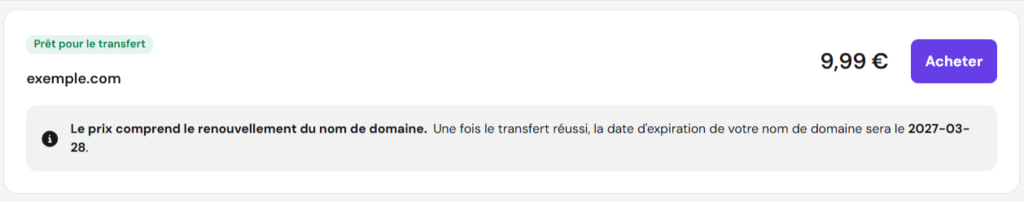 hPanel affichant le prix du transfert et du renouvellement du domaine