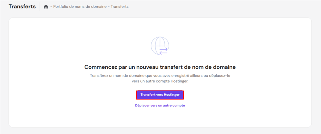 Option transfert de domaine vers Hostinger
