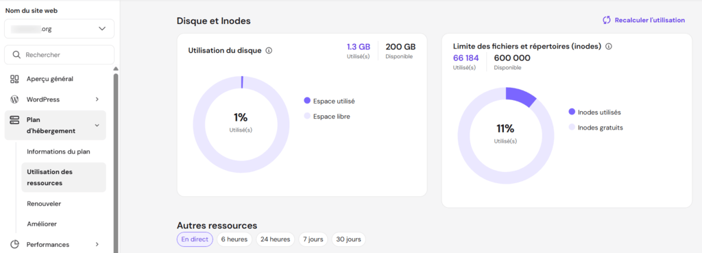 Statistiques d'utilisation des ressources d'un site web sur hPanel