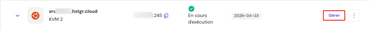 Vue hPanel VPS avec le bouton G&eacute;rer en surbrillance