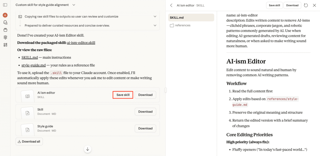 Chat où Claude génère la compétence ai-ism-editor à partir des règles de l'utilisateur