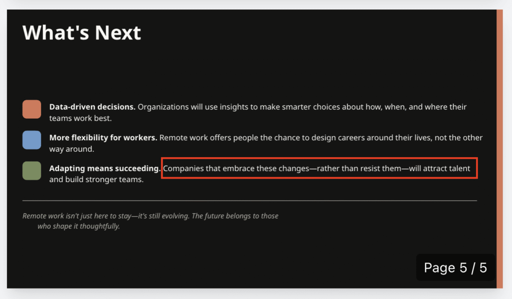 Prévisualisation de la mise en évidence des tirets em restants sur la diapositive finale de la présentation
