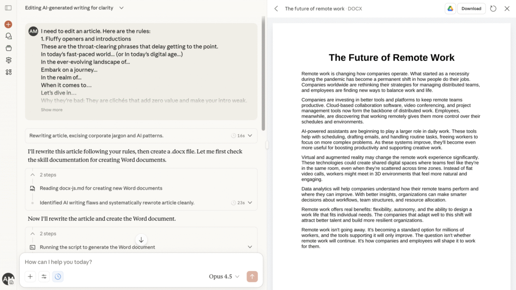 Chat montrant les règles manuelles utilisées pour réécrire et exporter un article en DOCX