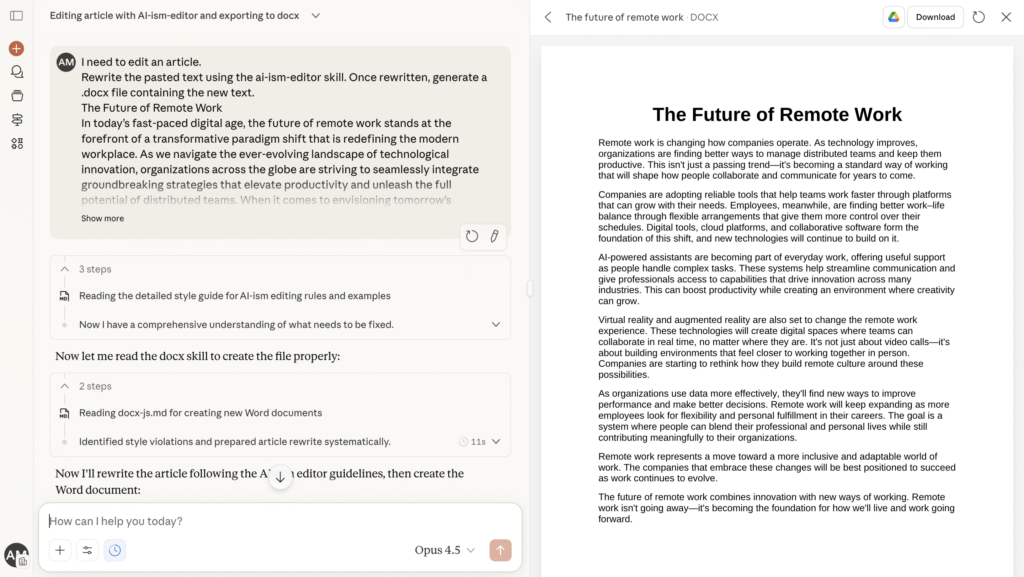 Chat utilisant ai-ism-editor Skill pour réécrire du texte et générer un fichier DOCX