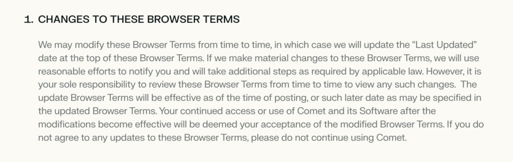 Le premier point des conditions d'utilisation du navigateur Comet