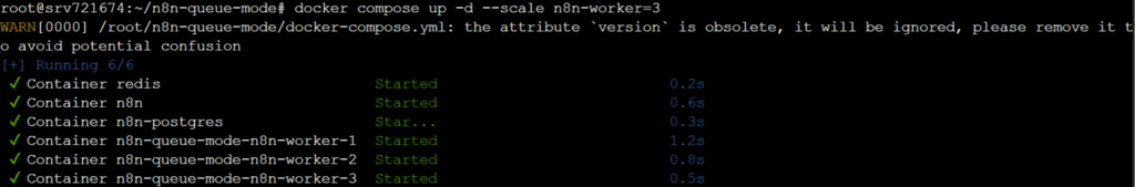 Visuel du terminal qui affiche une activit&eacute; de mise &agrave; l'&eacute;chelle r&eacute;ussie des n&oelig;uds de travail n8n jusqu'&agrave; 3.