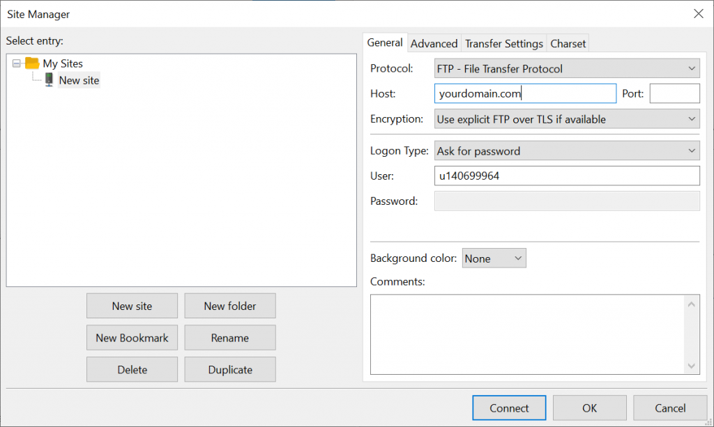 Le gestionnaire de site de FileZilla