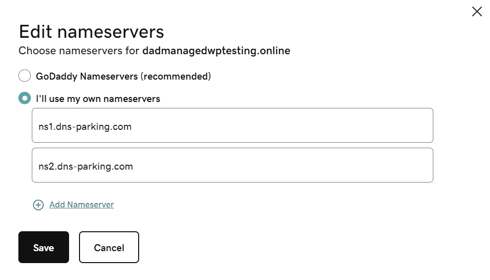 Options de modification des serveurs de noms GoDaddy avec « J'utiliserai mes propres serveurs de noms choisis »