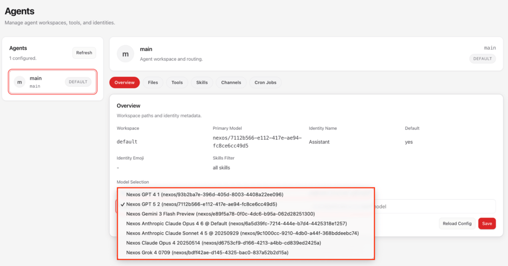 Page des agents OpenClaw montrant le menu déroulant de sélection des modèles avec les modèles d'IA disponibles
