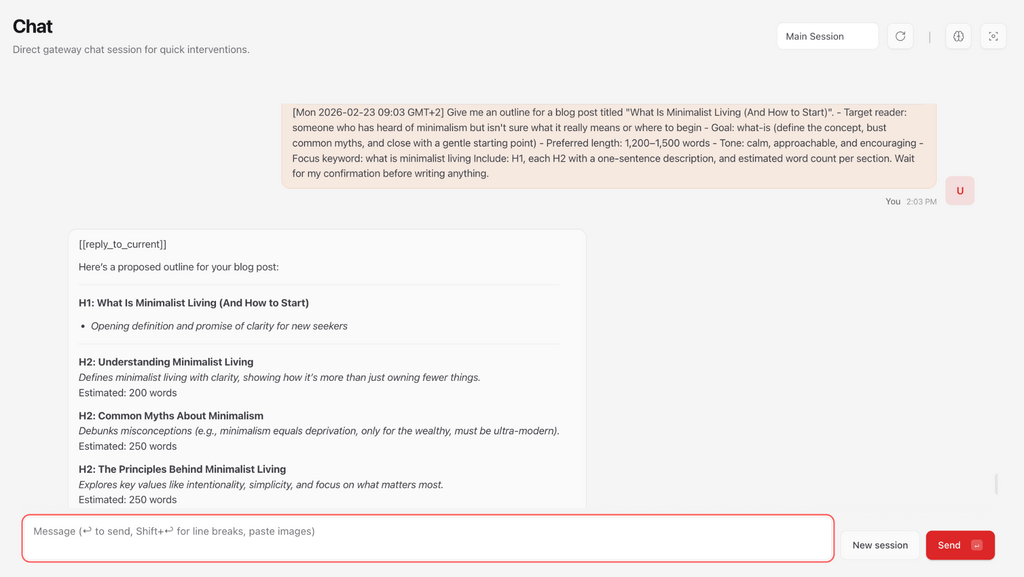 Session de chat d'OpenClaw montrant un aperçu d'un article de blog et la structure générée