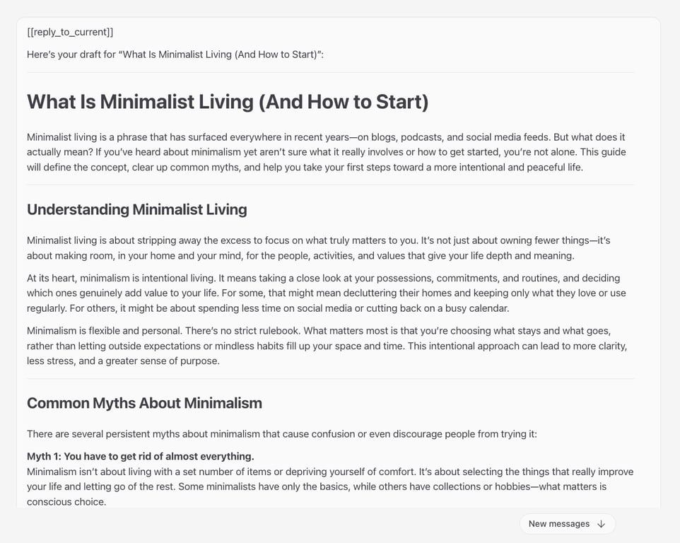 OpenClaw chat affichant le contenu de l'article du blog What Is Minimalist Living rédigé
