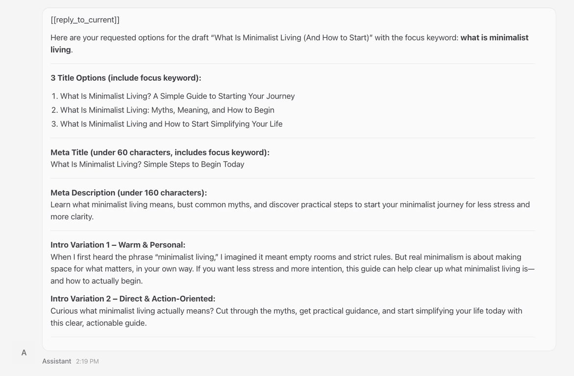 Le chat d'OpenClaw montre les options de titre, le méta titre, la méta description et les variations de l'intro.