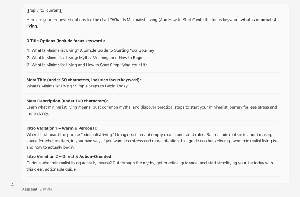 Le chat d'OpenClaw montre les options de titre, le méta titre, la méta description et les variations de l'intro.