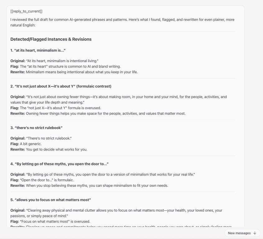 Le chat OpenClaw signale les phrases générées par l'IA et fournit des réécritures en anglais simple.