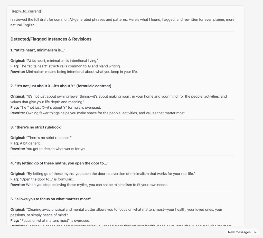 Le chat OpenClaw signale les phrases générées par l'IA et fournit des réécritures en anglais simple.