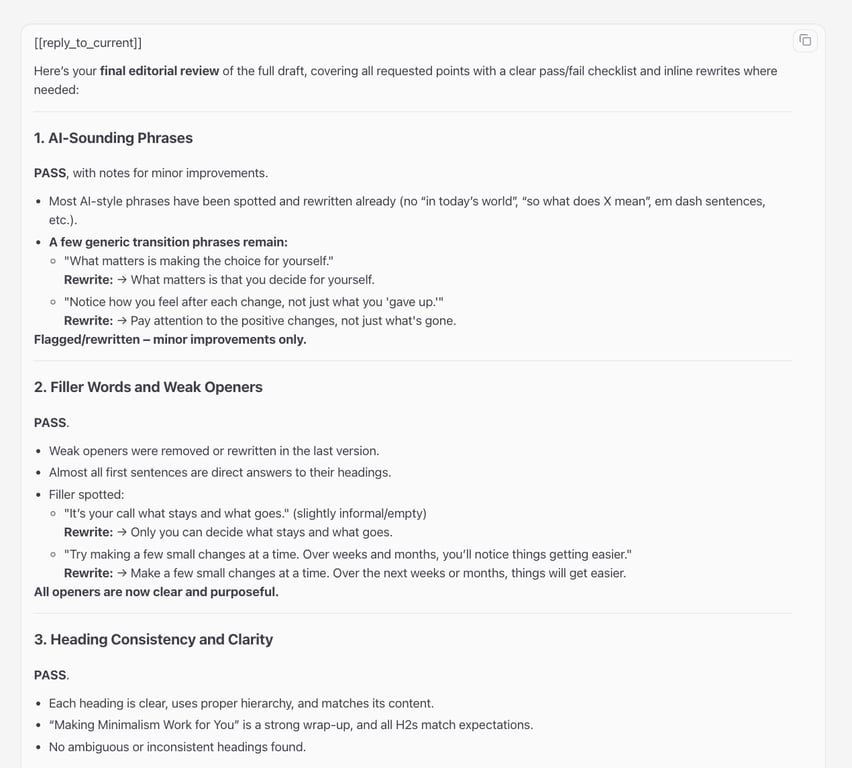 Chat OpenClaw montrant une révision éditoriale finale avec les résultats de la liste de contrôle (succès/échec)