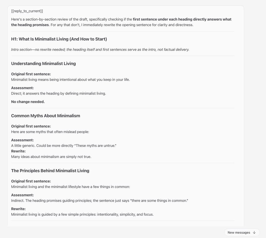 Le chat d'OpenClaw vérifie si la première phrase de chaque section correspond à son titre.