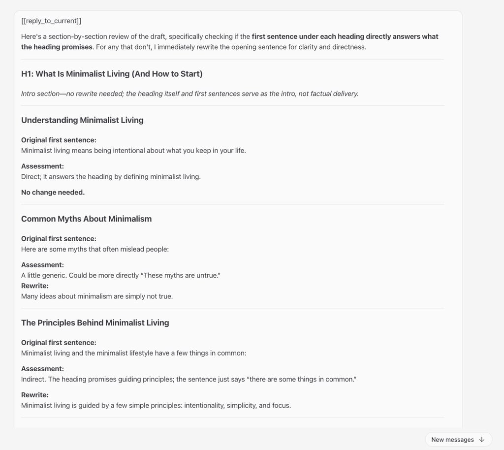 Le chat d'OpenClaw vérifie si la première phrase de chaque section correspond à son titre.
