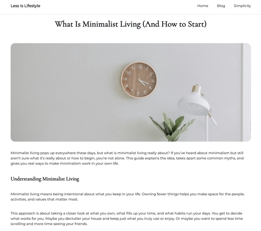 WordPress frontend montrant l'article de blog What Is Minimalist Living publié