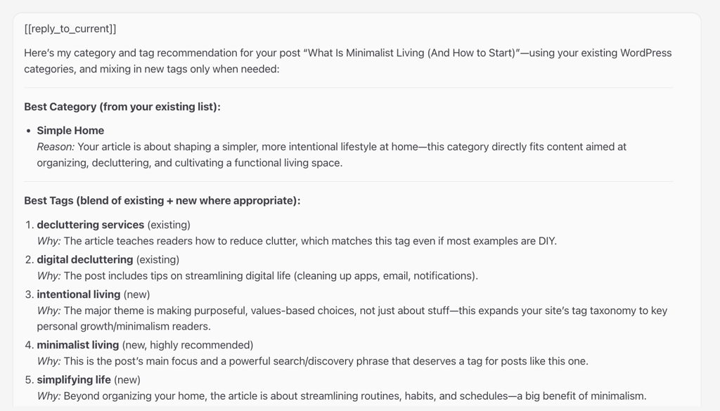 Le chat OpenClaw recommande des catégories et des tags WordPress pour les articles sur l'art de vivre minimaliste