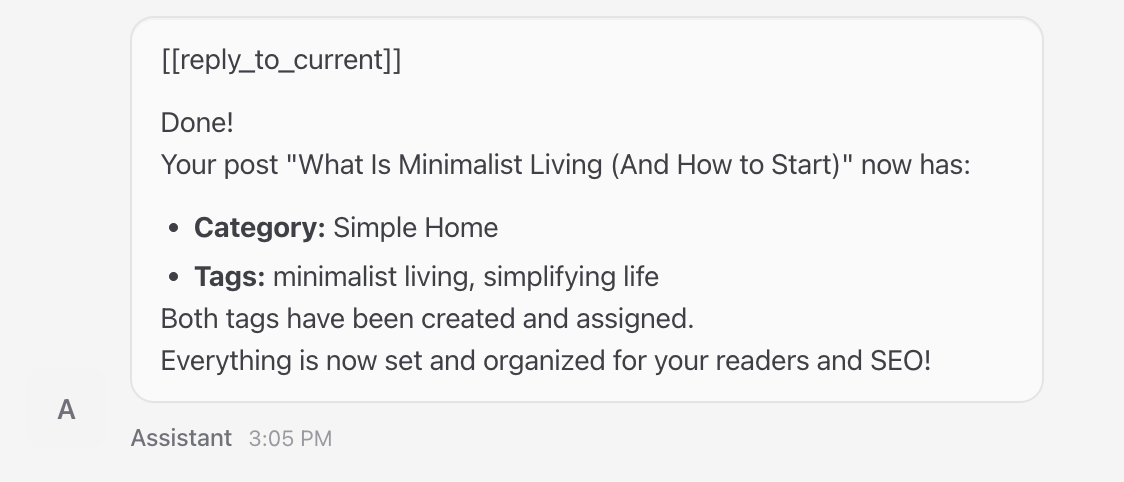 OpenClaw chat confirmant que la catégorie et les tags ont été appliqués à l'article WordPress