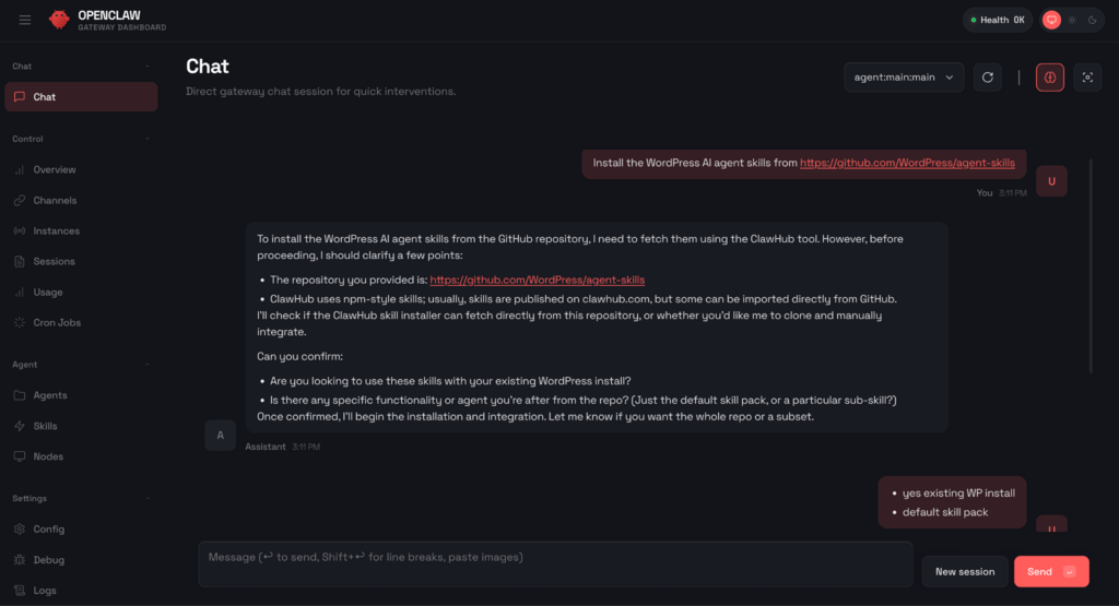 Panneau de discussion dans OpenClaw