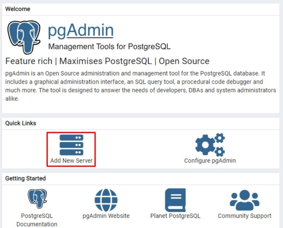 Fen&ecirc;tre principale de gestion de pgAdmin avec le bouton Ajouter un nouveau serveur mis en &eacute;vidence