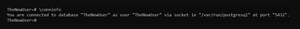 La sortie du terminal confirme que le nouvel utilisateur PostgreSQL est connect&eacute; &agrave; la nouvelle base de donn&eacute;es.