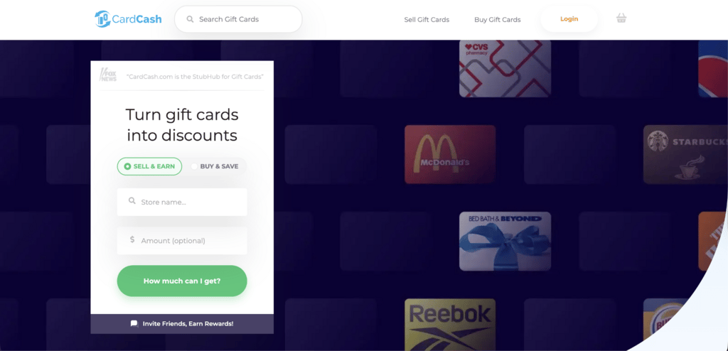Page d'accueil de CardCash avec l'option Sell & Earn s&eacute;lectionn&eacute;e