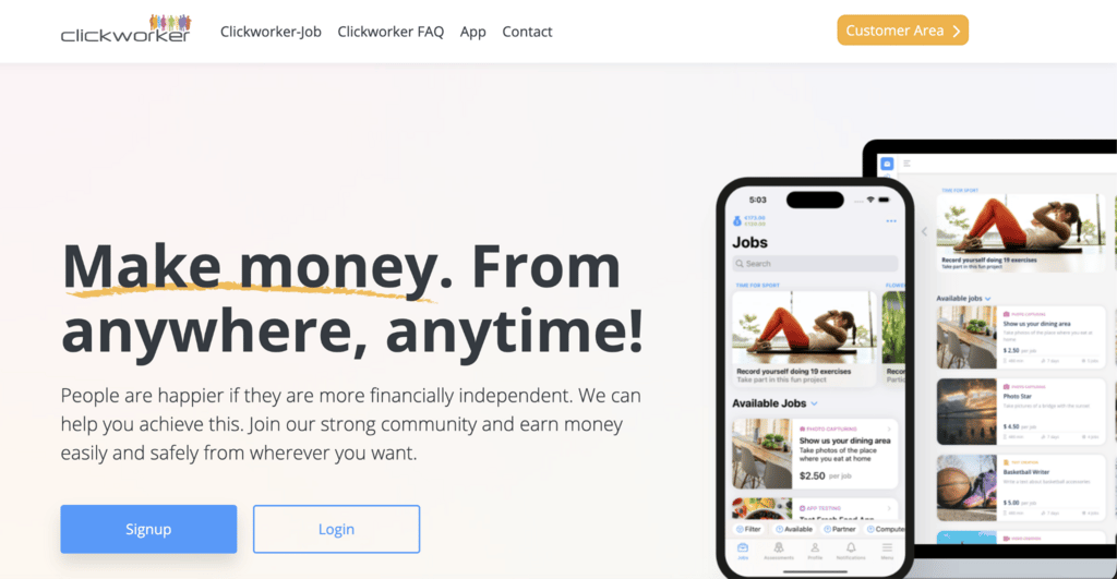 Page d'accueil de Clickworker montrant l'inscription et la connexion