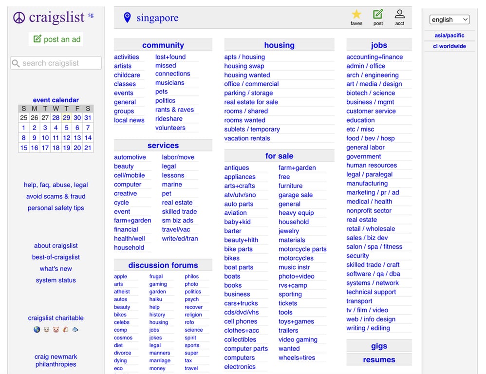 La page d'accueil de Craigslist Singapore pr&eacute;sente les types d'annonces propos&eacute;s