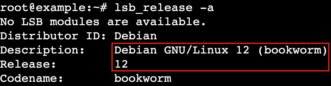 Une sortie de terminal affichant la version Debian installée