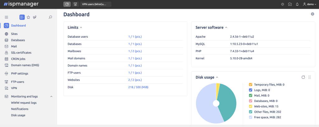 Tableau de bord ISPmanager