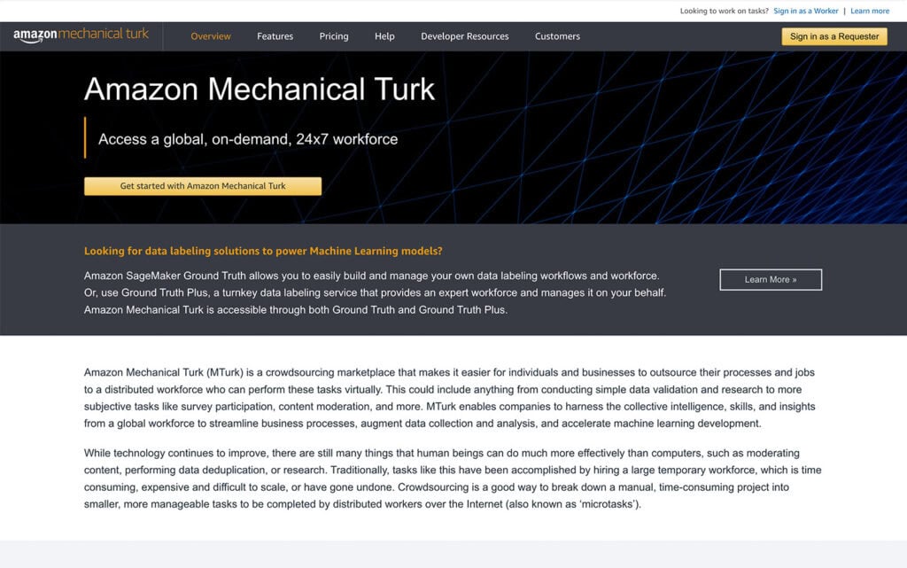 Page d'accueil d'Amazon Mechanical Turk offrant des solutions de crowdsourcing pour les entreprises et les particuliers
