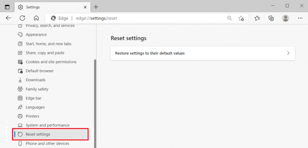 Le menu R&eacute;initialiser les param&egrave;tres dans Microsoft Edge