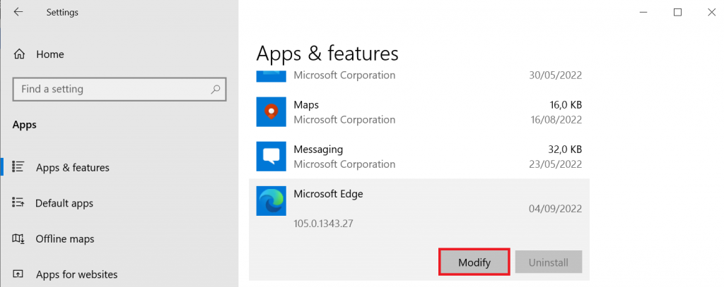 Modifier Microsoft Edge dans le menu des paramètres