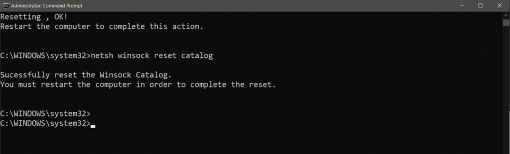 R&eacute;initialisation du catalogue Winsock du syst&egrave;me via l'Invite de commande