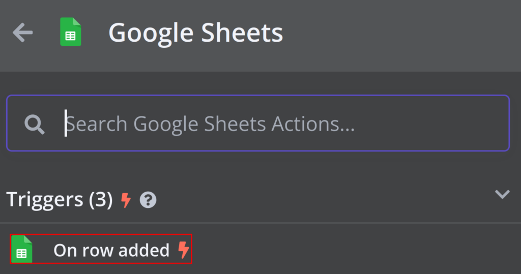 Menu d'actions n8n affichant les actions Google Sheets