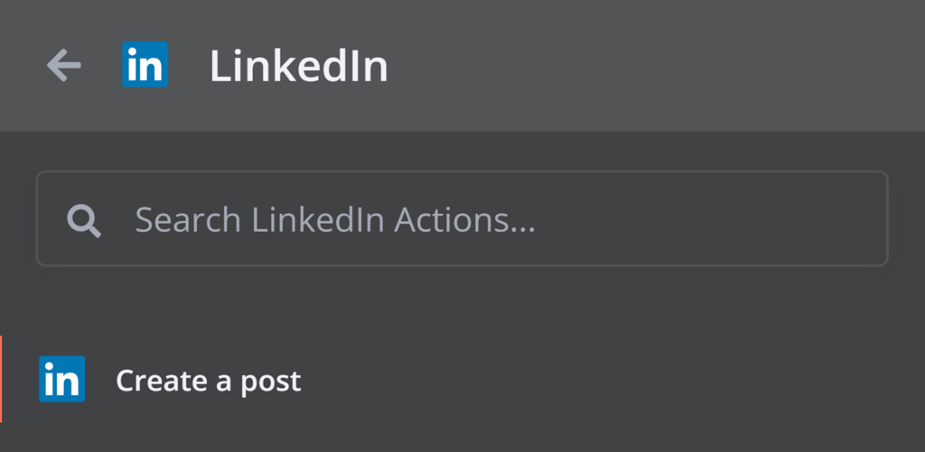 Menu &laquo; Action dans un n&oelig;ud d'application &raquo; de n8n affichant le n&oelig;ud LinkedIn avec l'action &laquo; Cr&eacute;er une publication &raquo; s&eacute;lectionn&eacute;e