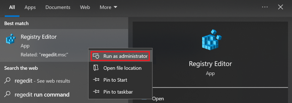 L'option Exécuter en tant qu'administrateur dans le menu de démarrage de l'éditeur du registre Windows