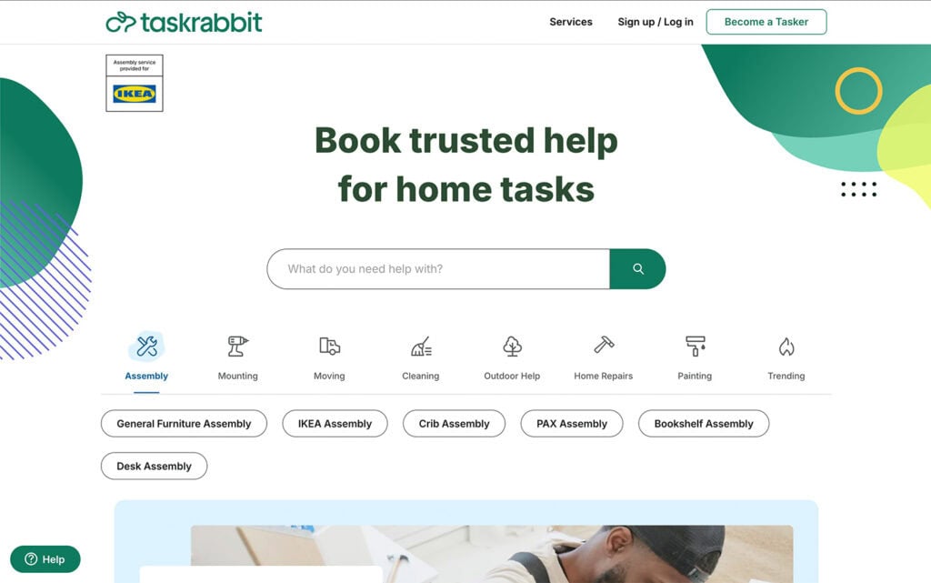 La page d'accueil de TaskRabbit présente divers services à domicile tels que l'assemblage de meubles et le nettoyage.