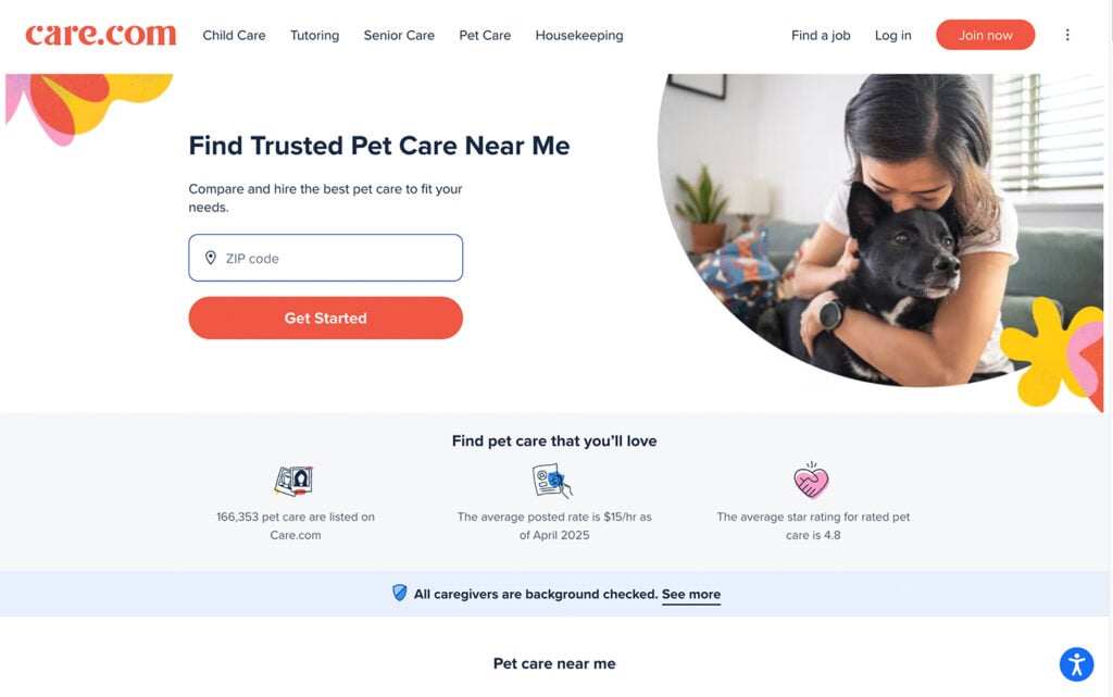 Page d'accueil de Care.com avec une barre de recherche pour trouver des services de garde d'animaux près de chez vous