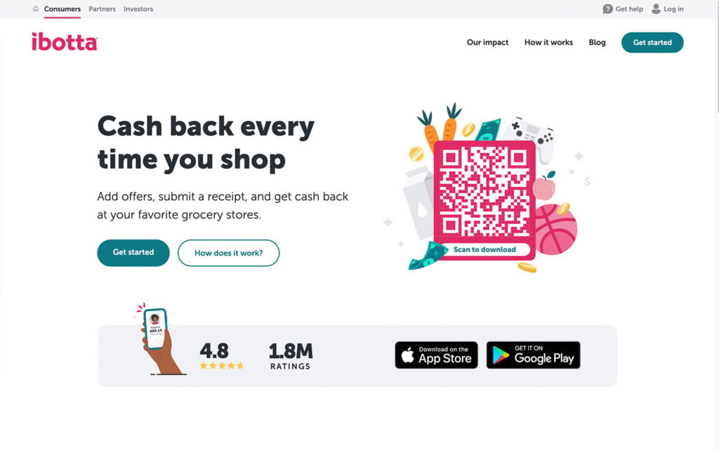 La page d'accueil d'Ibotta offre des récompenses sous forme de cashback pour les achats d'épicerie après soumission des reçus.